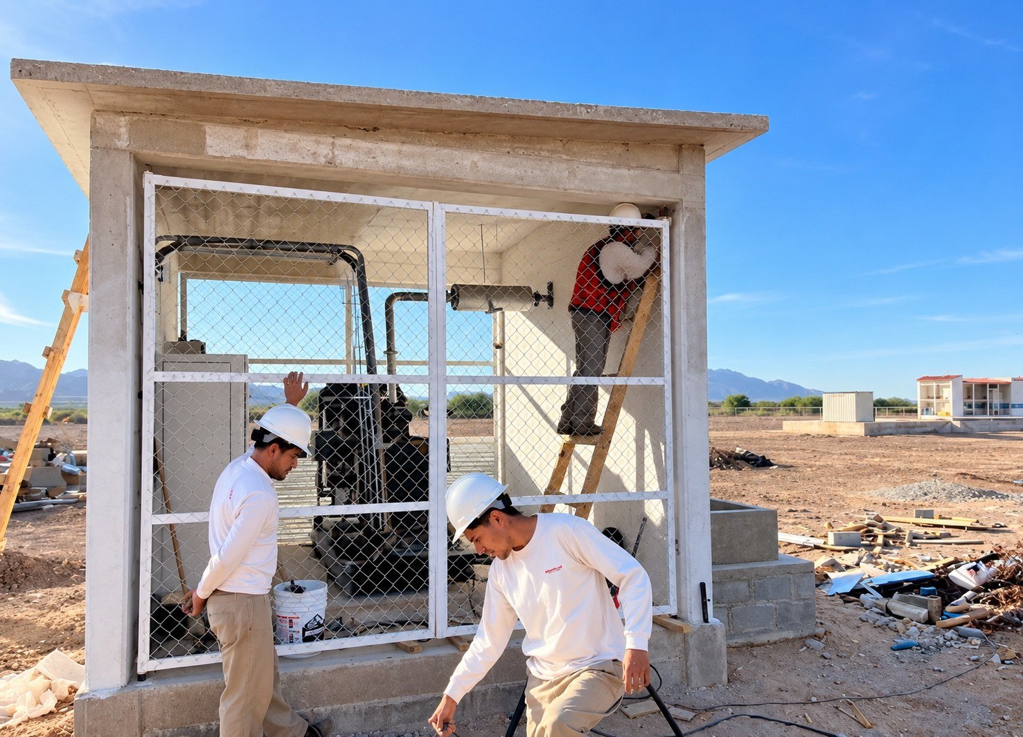 Personal trabajando en la construcción y acabados de una caseta